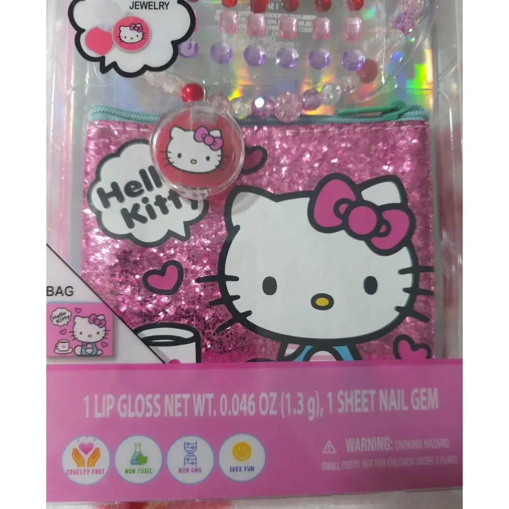 NEW Hello Kitty 5 pc Glamour Set Lip Gloss Necklace Stick On Gems Bag Scrunchie